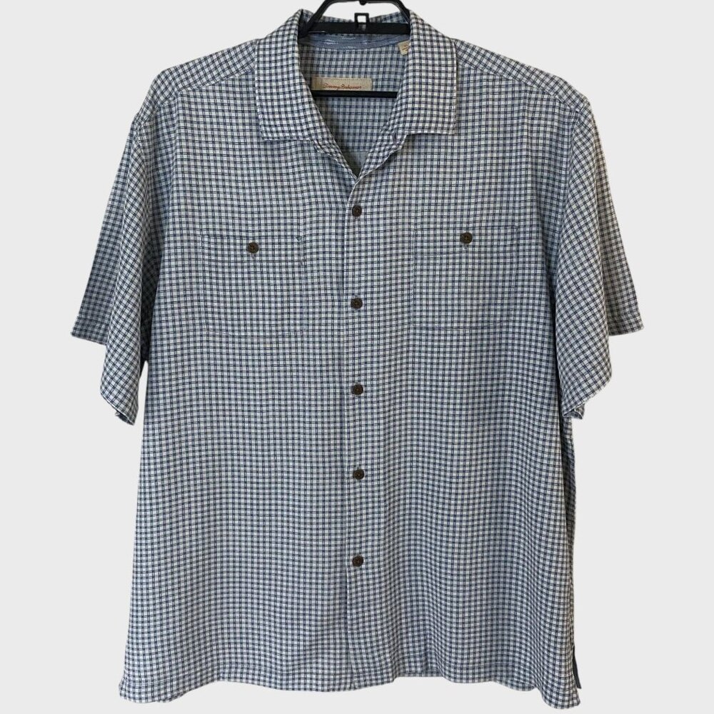 Tommy Bahama Checkered Plaid Short-Sleeve Button-Up Shirt Blue Mens XL 100% Silk